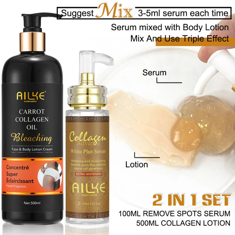 AILKE Skin Whitening Face Serum, Reduce Spots, Moisturizing, Even Skin Tone, With Organic Collagen, Skin Lightening Body Serum