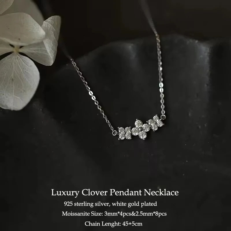 2025 Trend 3mm D Moissanite Pendant Necklace Adjustable 925 Silver Clover Flower Clavicle Chain for Women Girls Valentine's Gift