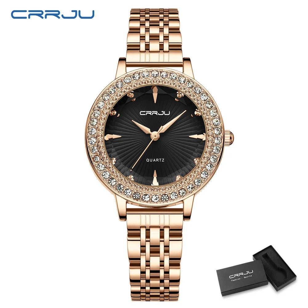 CRRJU Luxury Watch For Woman High Quality Diamond Ladies Quartz Watch Waterproof Stainless Steel Women Watches reloj