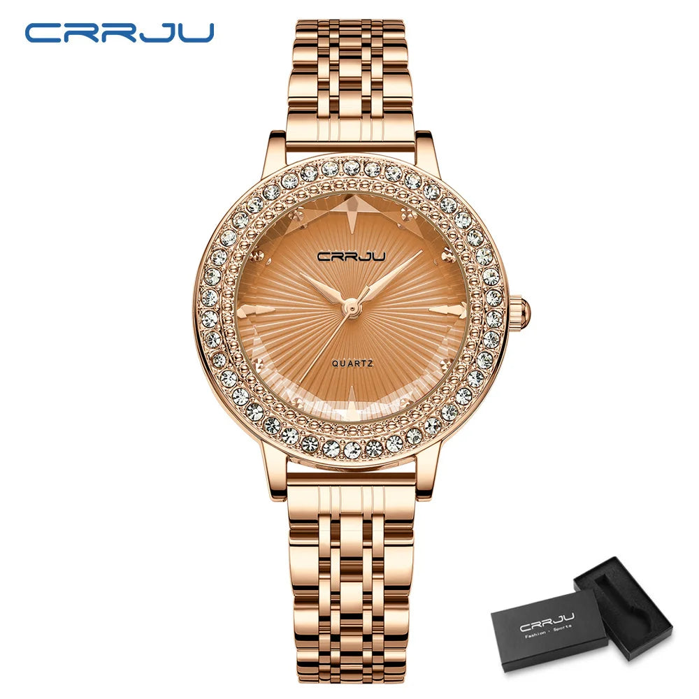 CRRJU Luxury Watch For Woman High Quality Diamond Ladies Quartz Watch Waterproof Stainless Steel Women Watches reloj