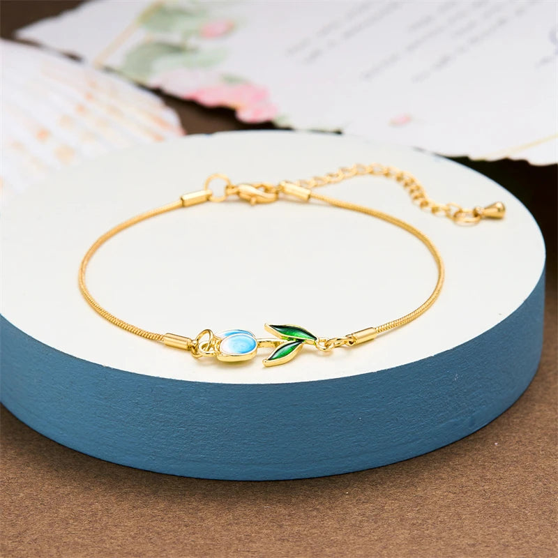 Japan Korea Elegant Tulip Rose Bracelet For Women Girls Sweet Colorful Flower Gold Color Metal Chain Bracelets Aesthetic Jewelry