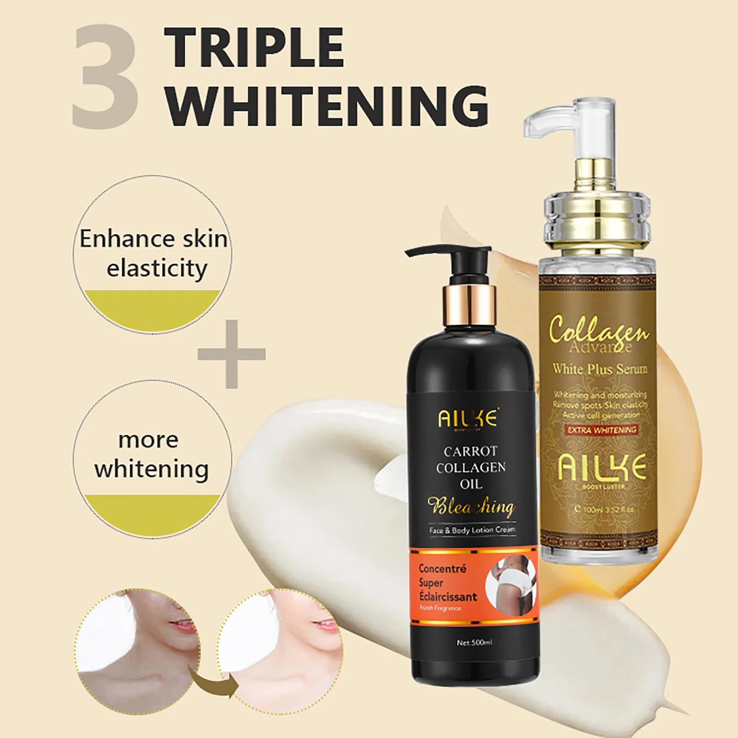 AILKE Skin Whitening Face Serum, Reduce Spots, Moisturizing, Even Skin Tone, With Organic Collagen, Skin Lightening Body Serum