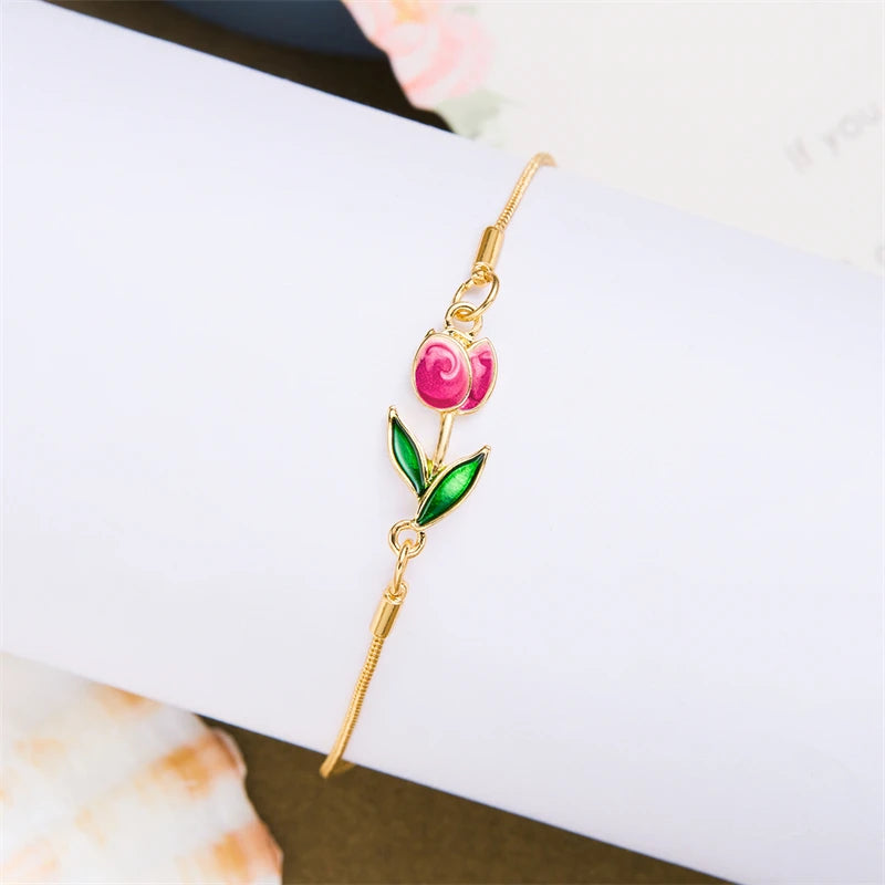 Japan Korea Elegant Tulip Rose Bracelet For Women Girls Sweet Colorful Flower Gold Color Metal Chain Bracelets Aesthetic Jewelry