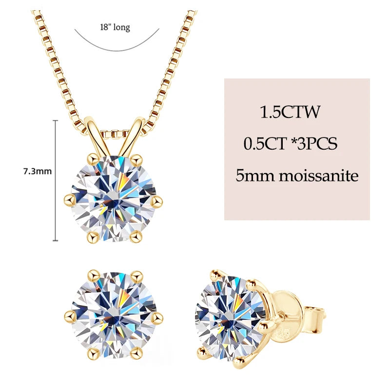 IOGOU Real 925 Silver Moissanite Jewelry Set Gold Plated 0.5-2ct Stud Earrings Solitaire Pendant Necklace Set for Women Men Gift