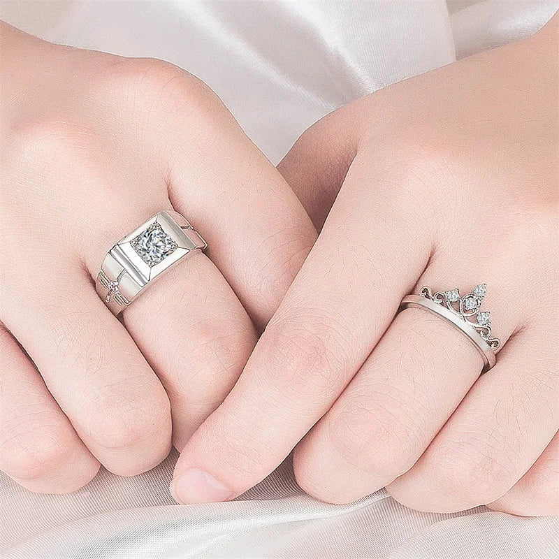 Luxury Zircon Couple Paired Rings For Women Men Exquisite Crown Flower Promise Adjustable Finger Ring Lover Wedding Jewelry Gift