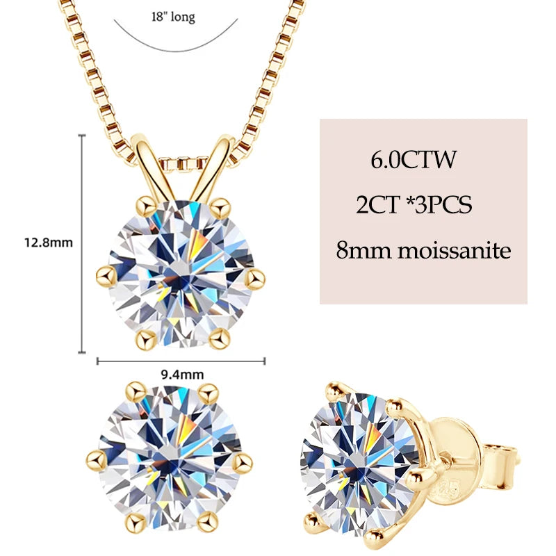 IOGOU Real 925 Silver Moissanite Jewelry Set Gold Plated 0.5-2ct Stud Earrings Solitaire Pendant Necklace Set for Women Men Gift