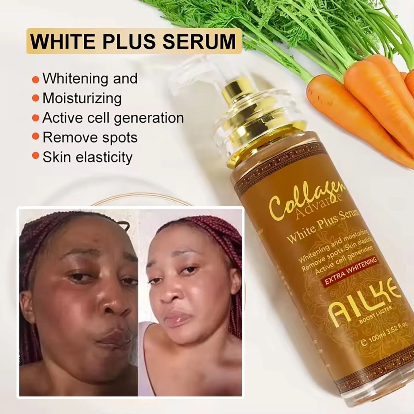 AILKE Skin Whitening Face Serum, Reduce Spots, Moisturizing, Even Skin Tone, With Organic Collagen, Skin Lightening Body Serum