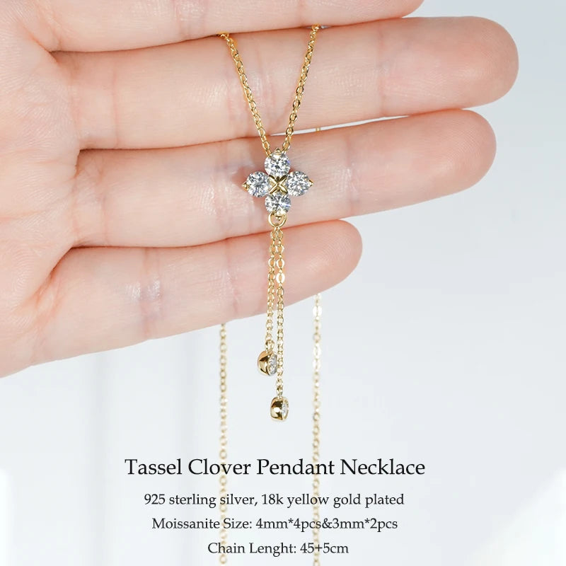 2025 Trend 3mm D Moissanite Pendant Necklace Adjustable 925 Silver Clover Flower Clavicle Chain for Women Girls Valentine's Gift