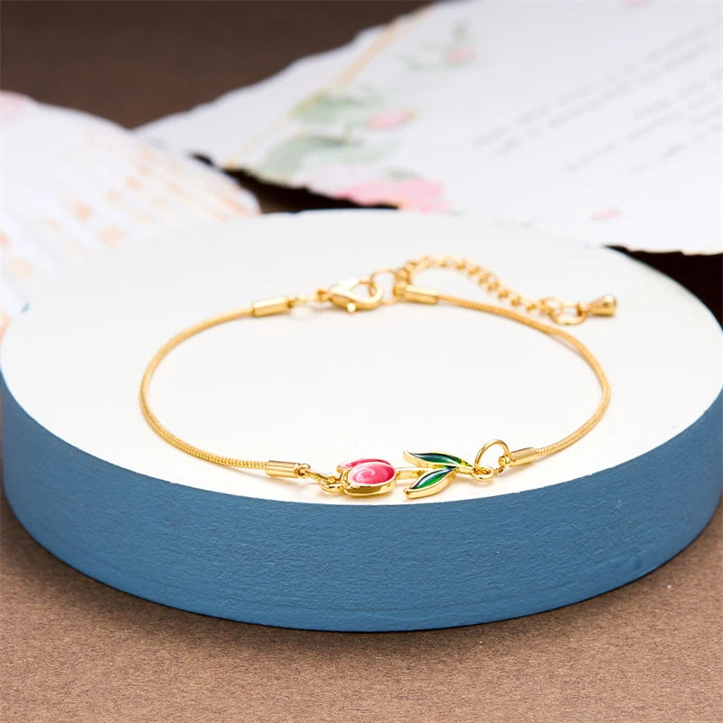 Japan Korea Elegant Tulip Rose Bracelet For Women Girls Sweet Colorful Flower Gold Color Metal Chain Bracelets Aesthetic Jewelry