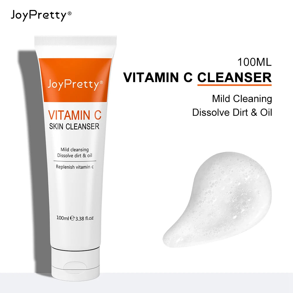 JoyPretty Vitamin C Skin Care Set Face Whitening Dark Spots Cream Serum Gentle Cleaning Deep Moisturizing Pore Shrinkle Skincare