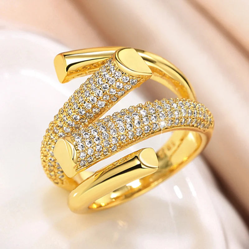 Huitan Modern Fashion Metal Gold Color Ring for Women Irregular Shape Cubic Zircon Rings Daily Wear Party Statement Jewelry Hot