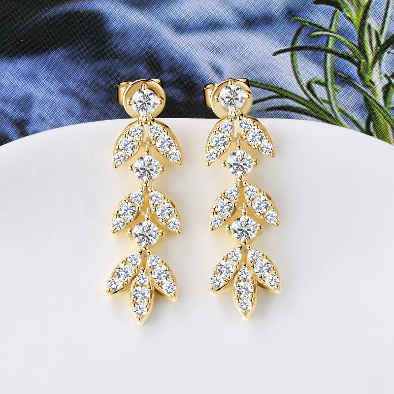 High Quality Silver 925 Drop Dangle Earrings for Women Real 3.0mm D Color Moissanite Diamond Delicate Leaf-Shape Stud Earrings