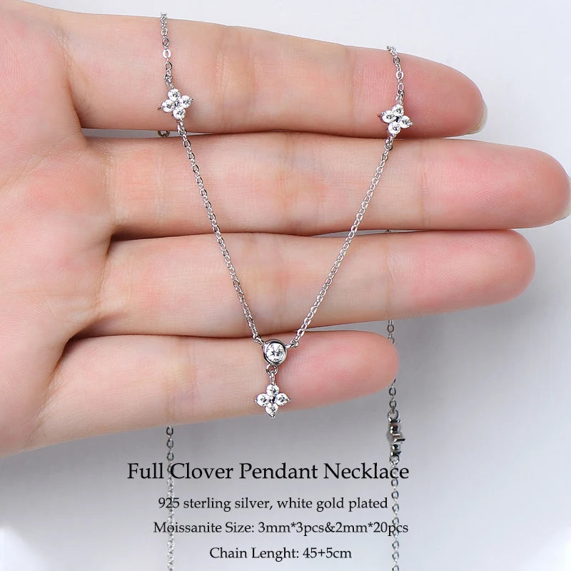 2025 Trend 3mm D Moissanite Pendant Necklace Adjustable 925 Silver Clover Flower Clavicle Chain for Women Girls Valentine's Gift