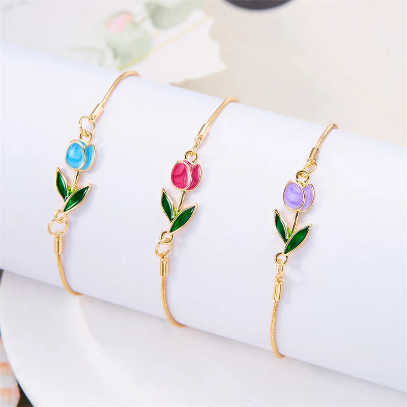 Japan Korea Elegant Tulip Rose Bracelet For Women Girls Sweet Colorful Flower Gold Color Metal Chain Bracelets Aesthetic Jewelry