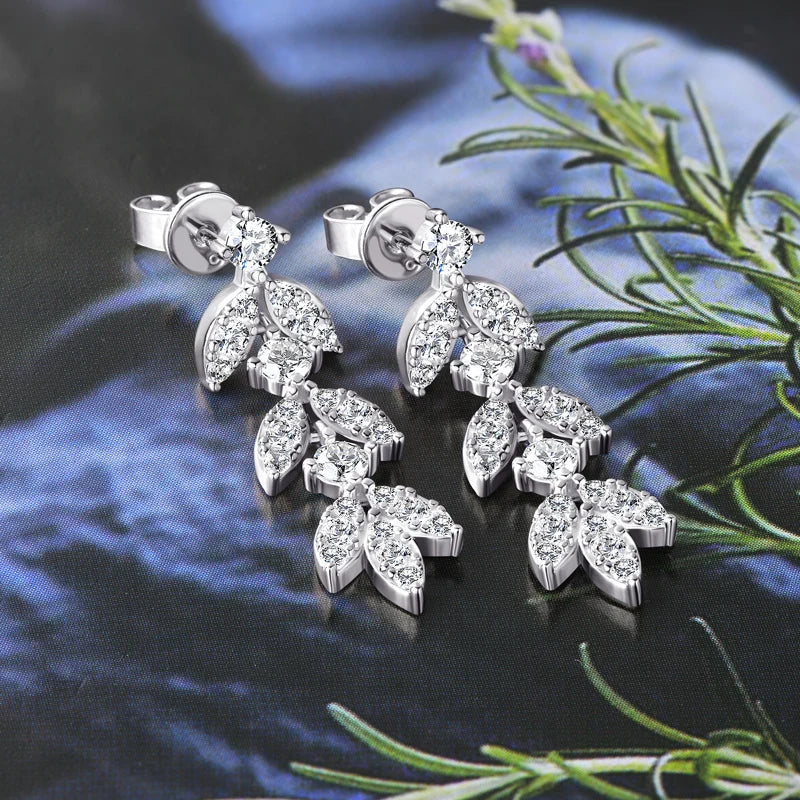 High Quality Silver 925 Drop Dangle Earrings for Women Real 3.0mm D Color Moissanite Diamond Delicate Leaf-Shape Stud Earrings