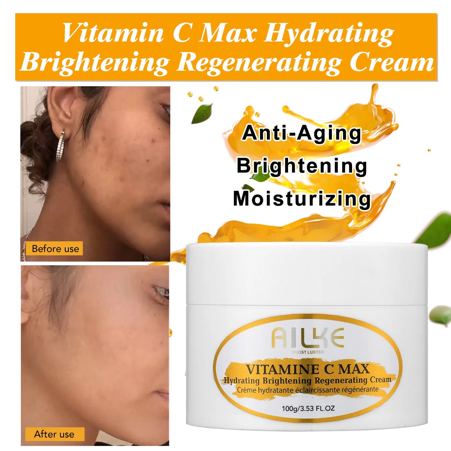 AILKE Lightening Body Cream, with Vitamin C, Hyaluronic Acid, Shea Butter, Spots Treatment, Uneven Skin Tone, Deeply Hydration