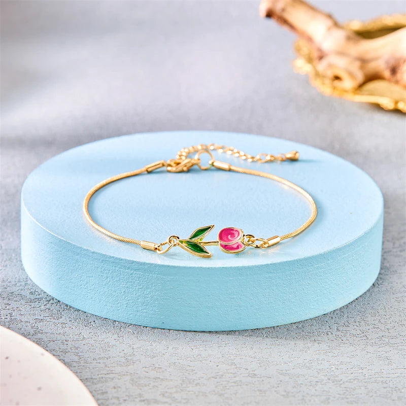 Japan Korea Elegant Tulip Rose Bracelet For Women Girls Sweet Colorful Flower Gold Color Metal Chain Bracelets Aesthetic Jewelry