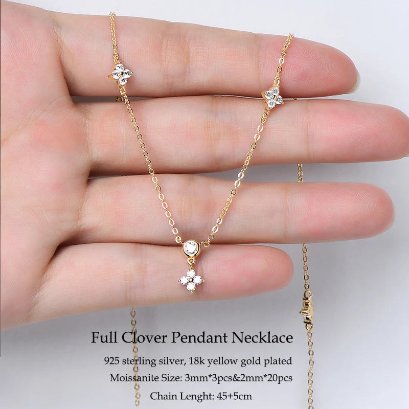 2025 Trend 3mm D Moissanite Pendant Necklace Adjustable 925 Silver Clover Flower Clavicle Chain for Women Girls Valentine's Gift