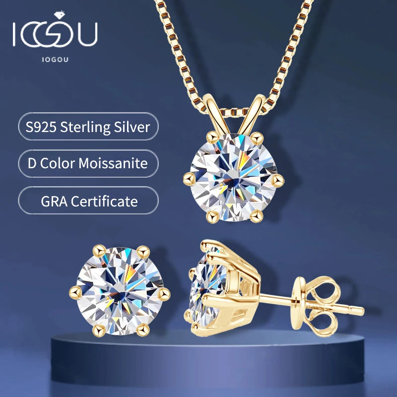 IOGOU Real 925 Silver Moissanite Jewelry Set Gold Plated 0.5-2ct Stud Earrings Solitaire Pendant Necklace Set for Women Men Gift