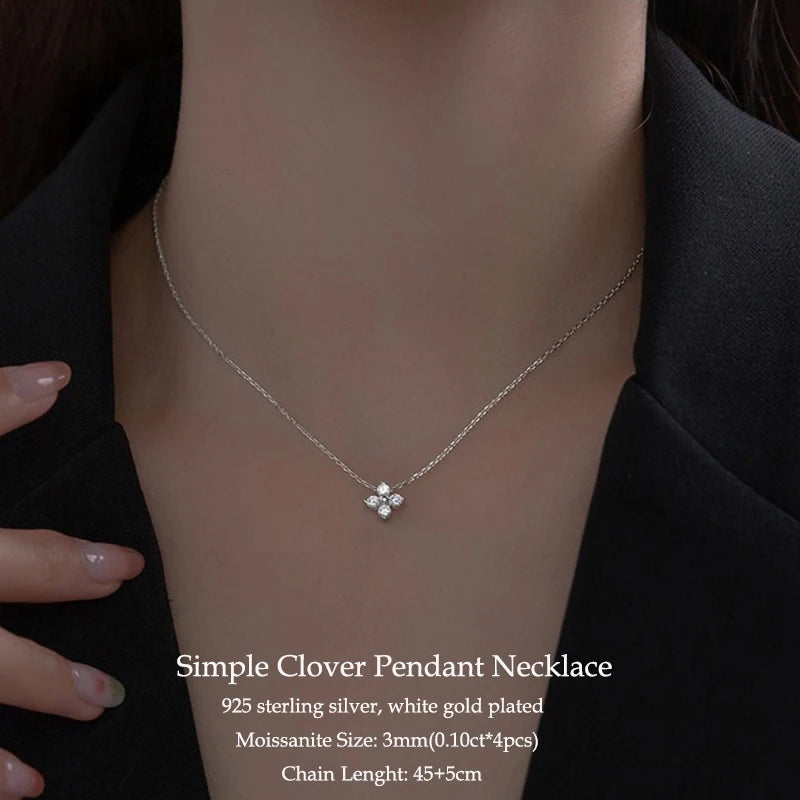 2025 Trend 3mm D Moissanite Pendant Necklace Adjustable 925 Silver Clover Flower Clavicle Chain for Women Girls Valentine's Gift