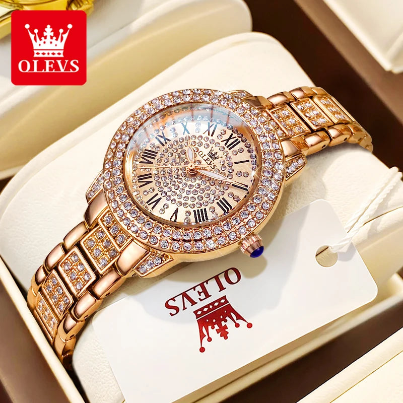 OLEVS 9943 Luxury All Diamond Original Quartz Watch for Women Elegant Rose Gold Stainless Steel Waterproof Ladies Wrist Watches