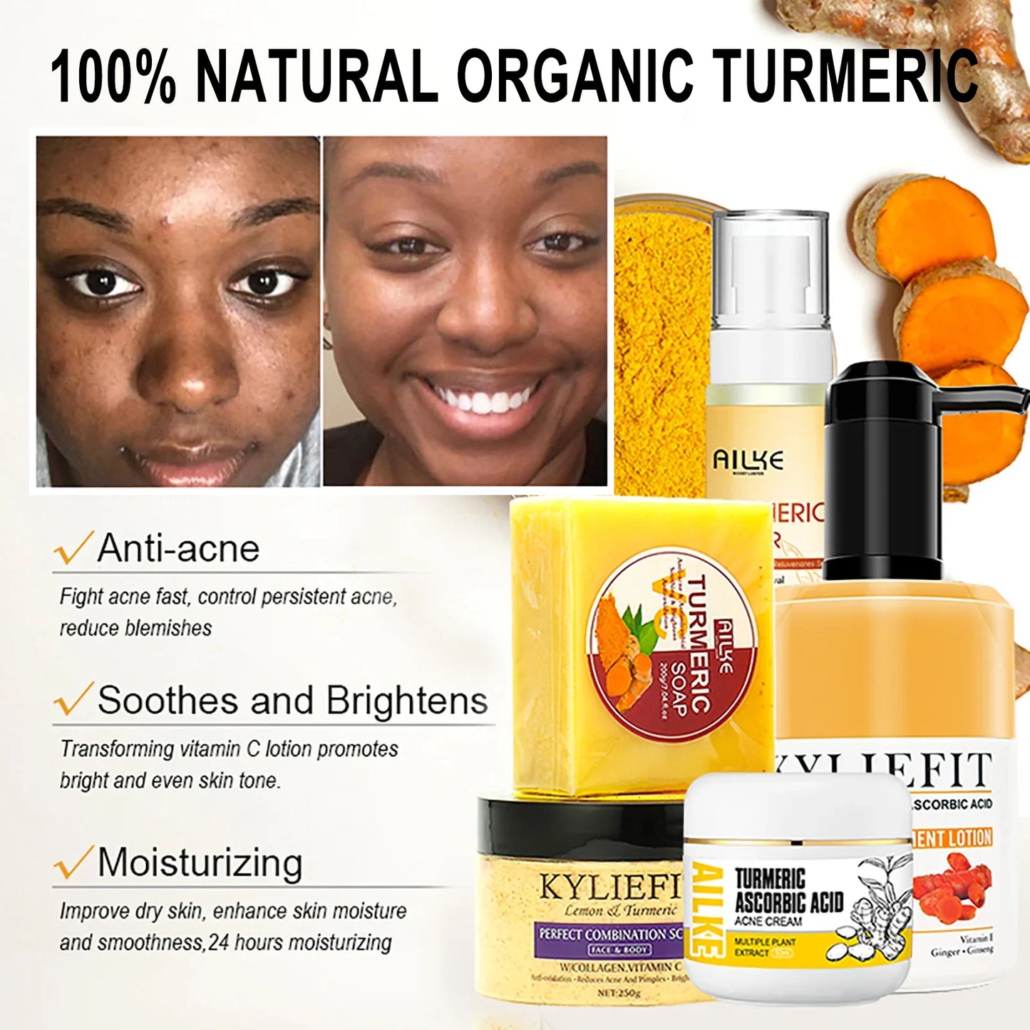 AILKE Organic Turmeric Skin Care Set, Brighten, Cleaning Skin, Reduce Acne, Whiten, Even Skin Tone, Improve Dry Skin