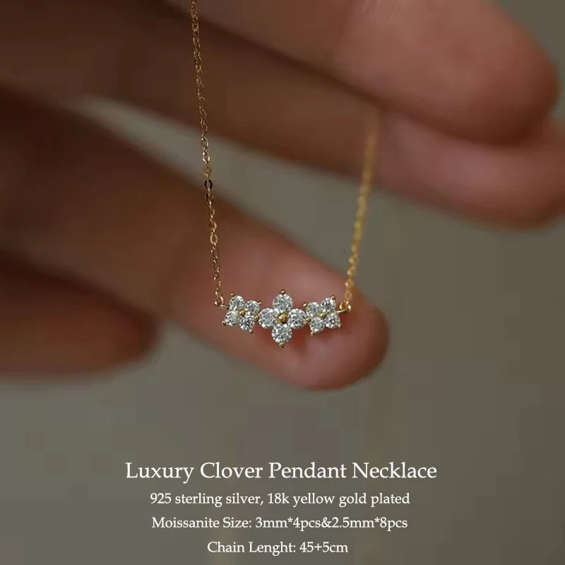 2025 Trend 3mm D Moissanite Pendant Necklace Adjustable 925 Silver Clover Flower Clavicle Chain for Women Girls Valentine's Gift