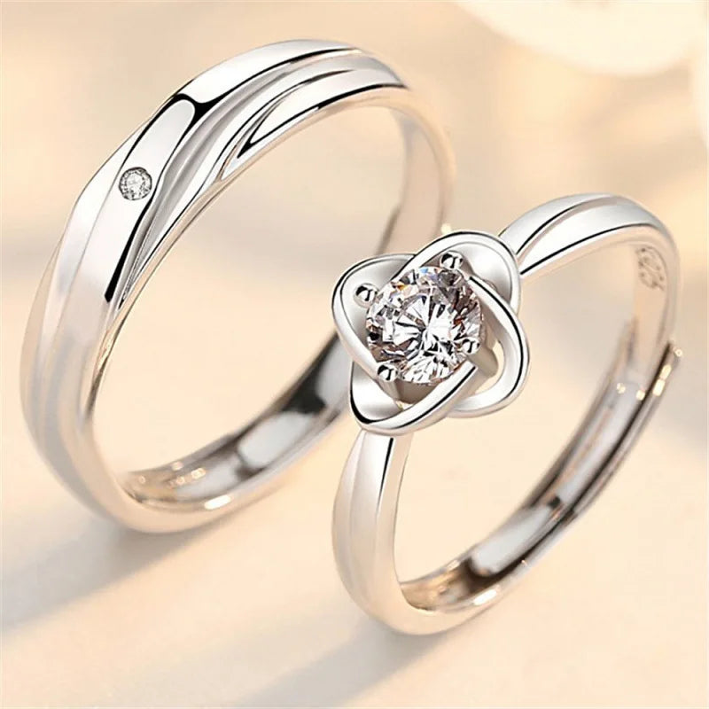 Luxury Zircon Couple Paired Rings For Women Men Exquisite Crown Flower Promise Adjustable Finger Ring Lover Wedding Jewelry Gift