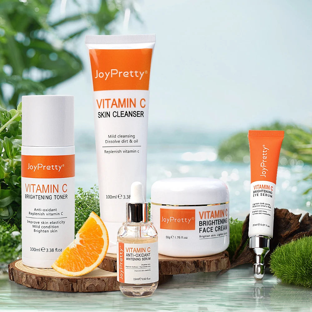 JoyPretty Vitamin C Skin Care Set Face Whitening Dark Spots Cream Serum Gentle Cleaning Deep Moisturizing Pore Shrinkle Skincare