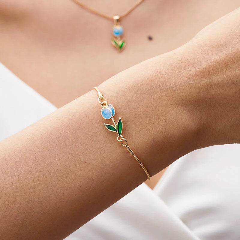 Japan Korea Elegant Tulip Rose Bracelet For Women Girls Sweet Colorful Flower Gold Color Metal Chain Bracelets Aesthetic Jewelry