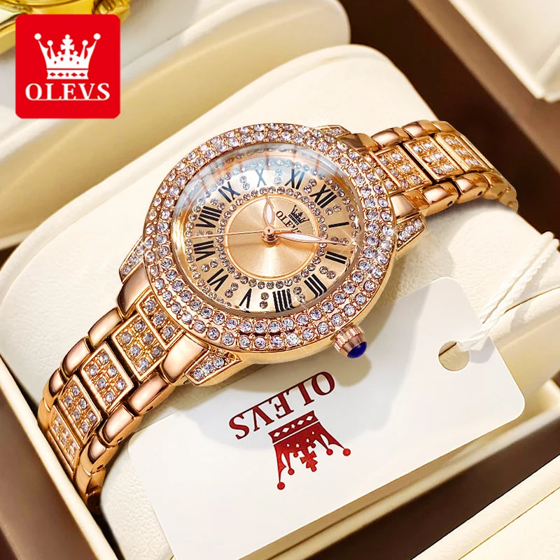 OLEVS 9943 Luxury All Diamond Original Quartz Watch for Women Elegant Rose Gold Stainless Steel Waterproof Ladies Wrist Watches